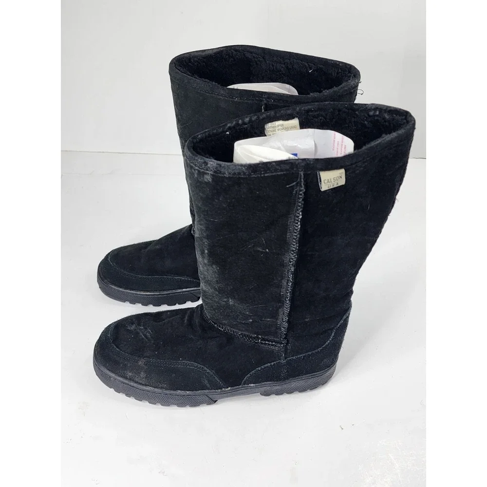 Vintage Calson USA Genuine Shearling Lining Snow Boots Black Suede Womens Sz 10